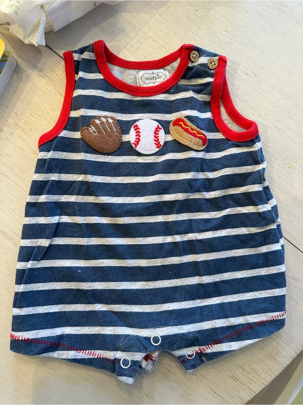 Mud Pie Navy & White Striped Tank Romper with Red Trim and Sports Appliqués